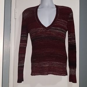Free People Burgundy Striped Linen V-Neck Sweater
